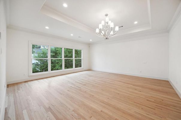 Chandelier, Empty room, Interior, Recessed Lighting, Wood Texture Flooring