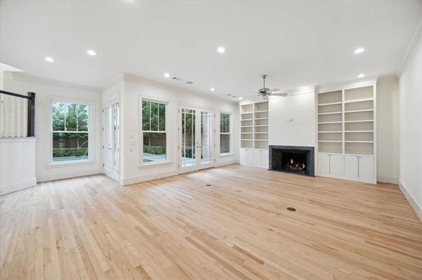 Empty room, Fireplace, Interior, Recessed Lighting, Wood Texture Flooring