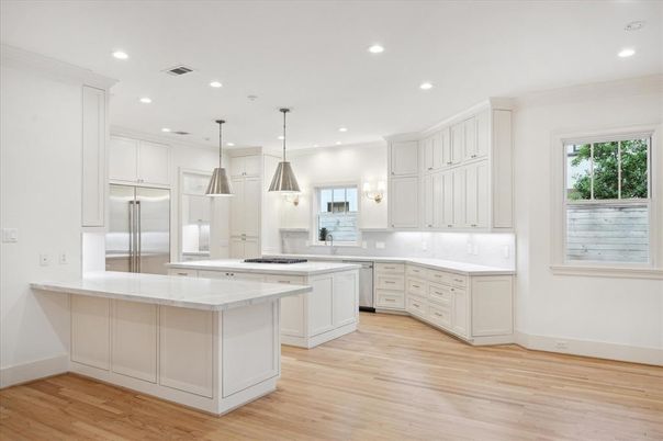Interior, Kitchen, Pendant Lights, Recessed Lighting, Stainless Steel Appliances, Wood Texture Flooring