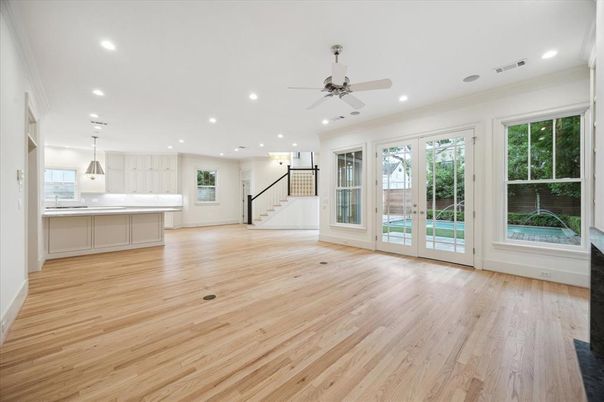 Empty room, Interior, Kitchen, Pendant Lights, Recessed Lighting, Wood Texture Flooring