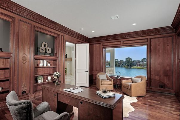 Home Office, Interior, Recessed Lighting, Water, Wood Texture Flooring