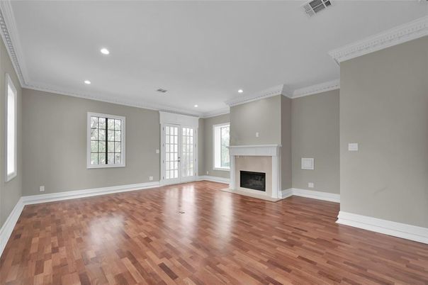 Empty room, Fireplace, Interior, Recessed Lighting, Wood Texture Flooring