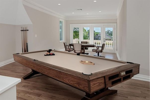 Billiard Table, Dining room, Game Room, Interior, Recessed Lighting, Wood Texture Flooring