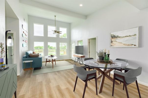 Dining room, Interior, Living room, Recessed Lighting, Wood Texture Flooring