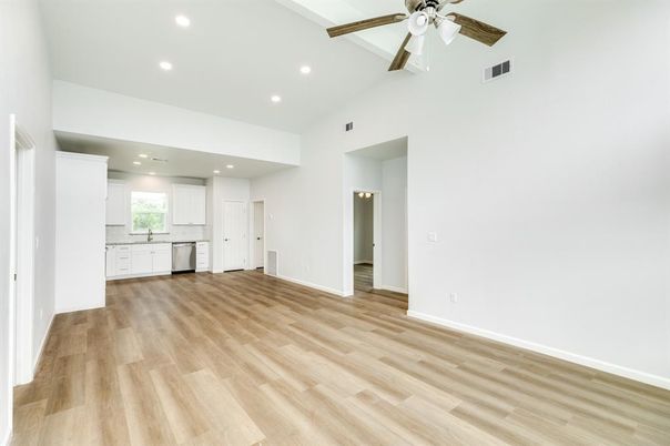 Empty room, Interior, Kitchen, Recessed Lighting, Wood Texture Flooring
