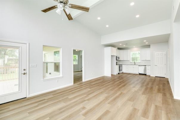 Empty room, Interior, Kitchen, Recessed Lighting, Wood Texture Flooring