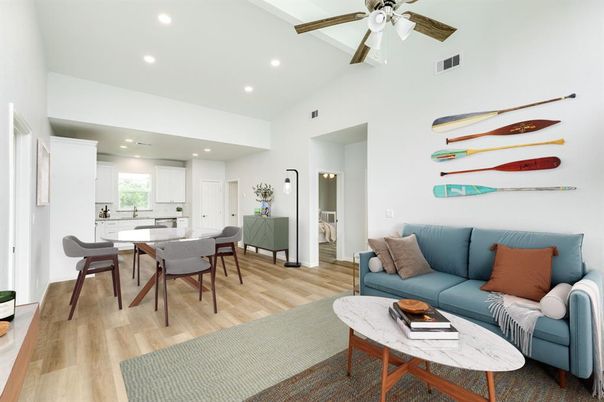 Dining room, Interior, Kitchen, Living room, Recessed Lighting, Wood Texture Flooring