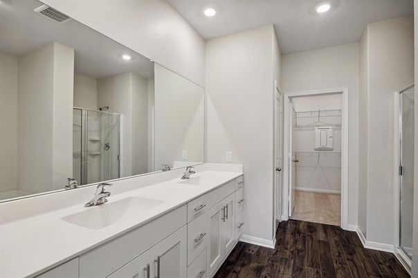 Bathroom, Dual Sink Vanities, Glass Shower, Interior, Recessed Lighting, Wood Texture Flooring