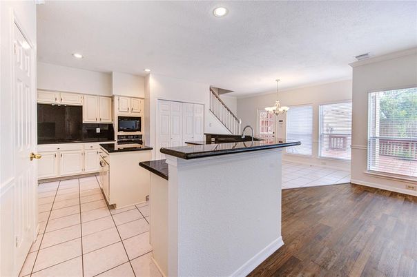 Chandelier, Interior, Kitchen, Recessed Lighting, Wood Texture Flooring