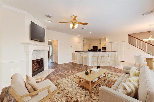 Dining room, Fireplace, Interior, Kitchen, Living room, Recessed Lighting, Wood Texture Flooring