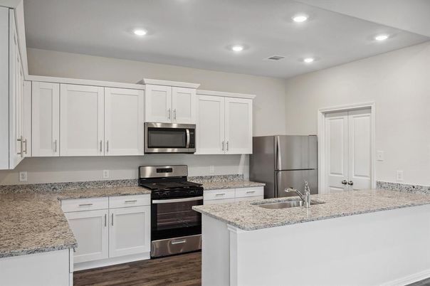 Interior, Kitchen, Recessed Lighting, Stainless Steel Appliances, Wood Texture Flooring
