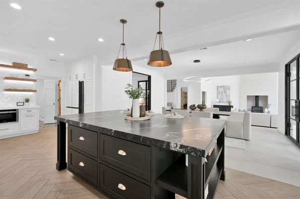 Interior, Kitchen, Living room, Pendant Lights, Recessed Lighting, Stainless Steel Appliances, Wood Texture Flooring