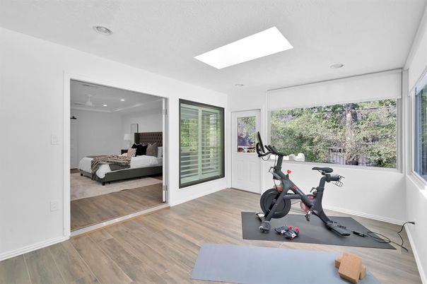 Bedroom, Fitness Equipment, Interior, Recessed Lighting, Wood Texture Flooring