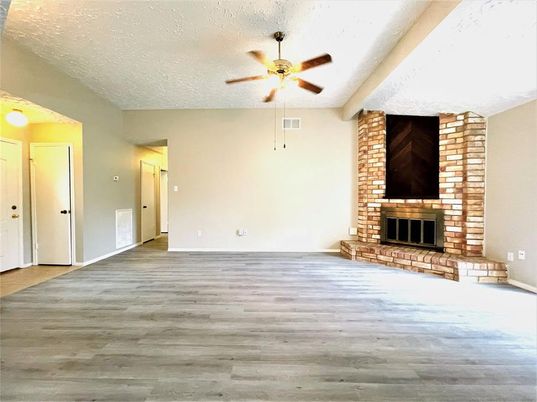 Empty room, Fireplace, Interior, Stone Walls, Wood Texture Flooring