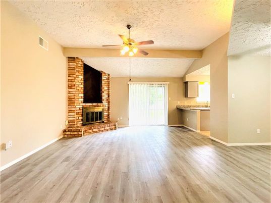 Empty room, Fireplace, Interior, Stone Walls, Wood Texture Flooring