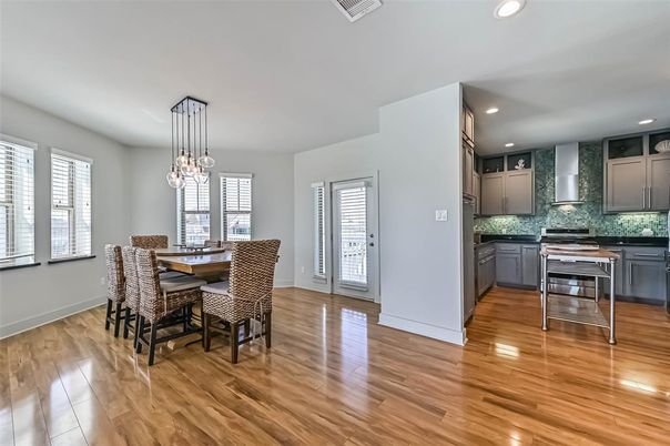 Dining room, Interior, Kitchen, Pendant Lights, Recessed Lighting, Wood Texture Flooring