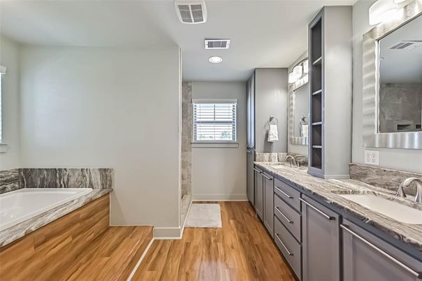 Bathroom, Dual Sink Vanities, Interior, Recessed Lighting, Wood Texture Flooring