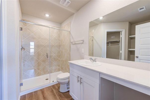 Bathroom, Glass Shower, Interior, Recessed Lighting, Wood Texture Flooring