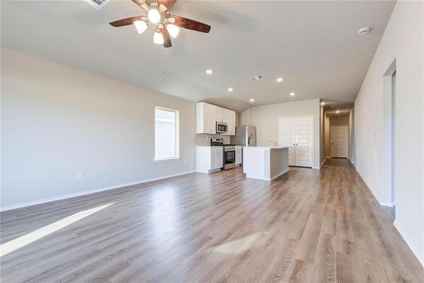 Empty room, Interior, Kitchen, Recessed Lighting, Wood Texture Flooring