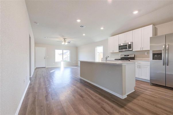 Interior, Kitchen, Recessed Lighting, Stainless Steel Appliances, Wood Texture Flooring