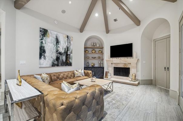 Fireplace, Interior, Living room, Recessed Lighting, Wooden Beams