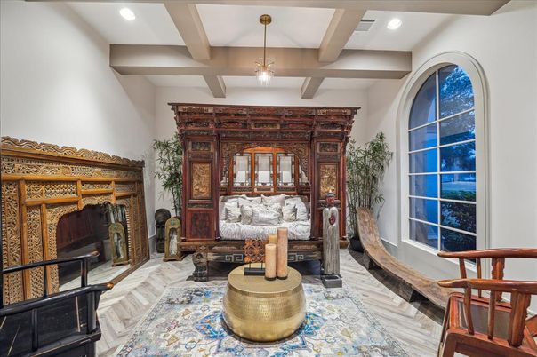 Fireplace, Interior, Living room, Pendant Lights, Recessed Lighting, Wooden Beams, Wood Texture Flooring