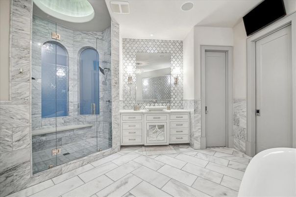 Bathroom, Glass Shower, Interior, Marble, Marble Walls, Recessed Lighting