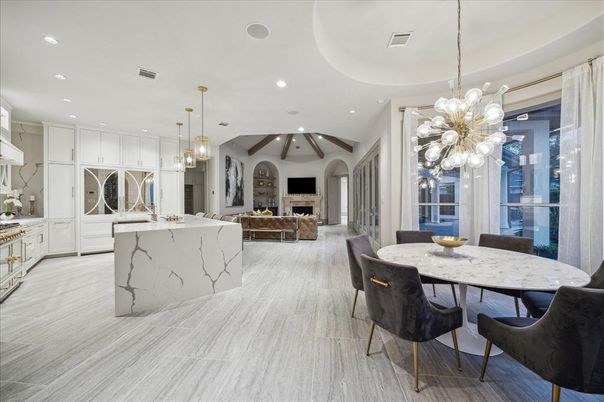 Dining room, Fireplace, Interior, Kitchen, Living room, Pendant Lights, Recessed Lighting