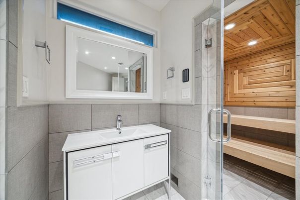 Bathroom, Glass Shower, Interior, Recessed Lighting, Wooden Ceilings, Wooden Walls