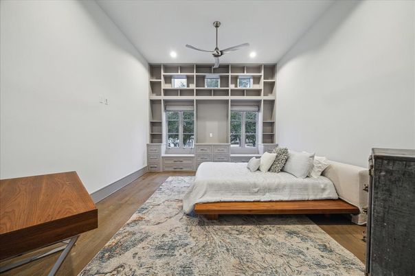 Bedroom, Interior, Recessed Lighting, Wood Texture Flooring