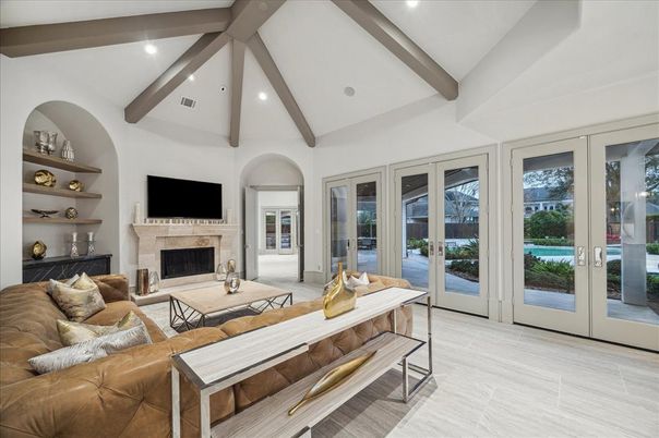 Fireplace, Interior, Living room, Recessed Lighting, Wooden Beams