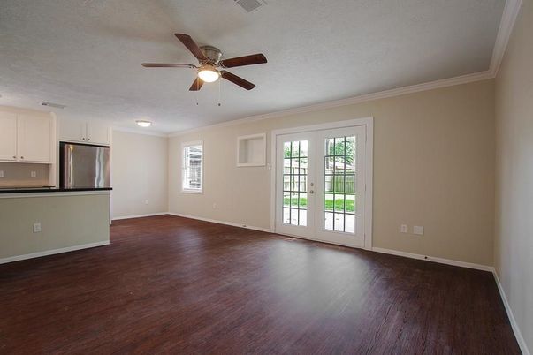Empty room, Interior, Kitchen, Stainless Steel Appliances, Wood Texture Flooring