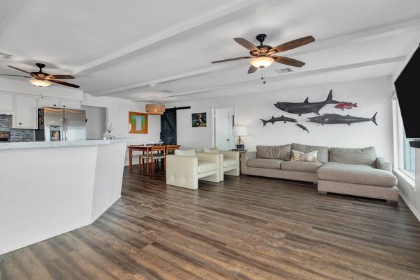Dining room, Interior, Kitchen, Living room, Stainless Steel Appliances, Wood Texture Flooring