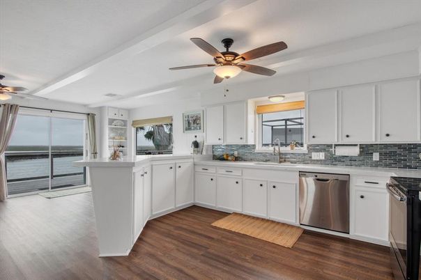 Interior, Kitchen, Stainless Steel Appliances, Water, Wood Texture Flooring
