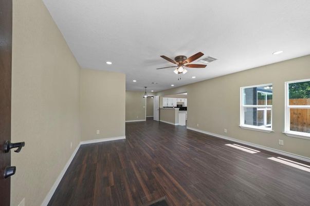 Empty room, Interior, Kitchen, Pendant Lights, Recessed Lighting, Wood Texture Flooring