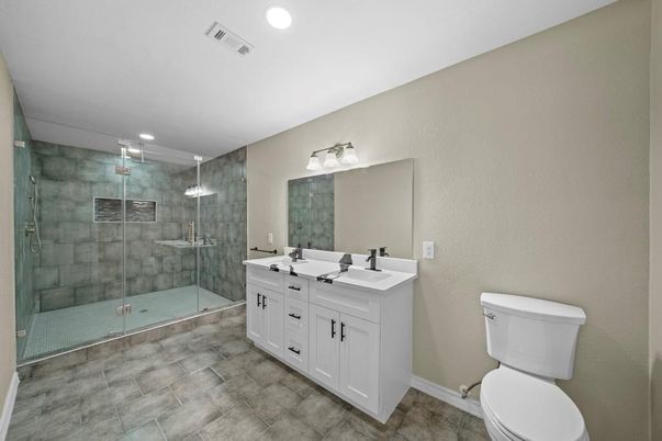 Bathroom, Dual Sink Vanities, Glass Shower, Interior, Recessed Lighting