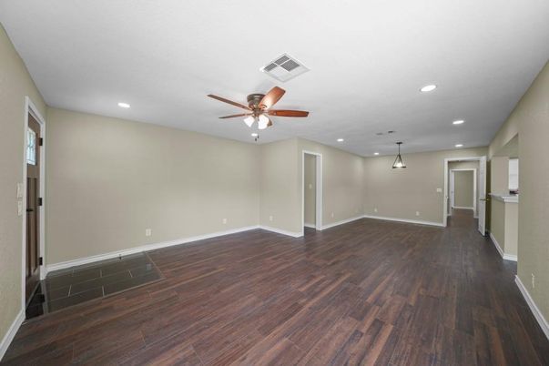 Empty room, Interior, Pendant Lights, Recessed Lighting, Wood Texture Flooring
