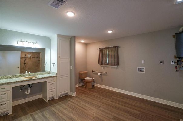 Bathroom, Interior, Recessed Lighting, Wood Texture Flooring