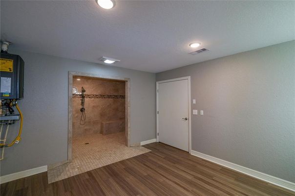 Bathroom, Glass Shower, Interior, Recessed Lighting, Wood Texture Flooring