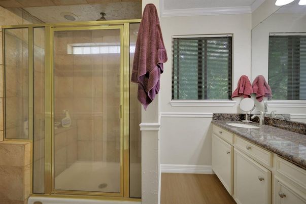 Bathroom, Glass Shower, Interior, Wood Texture Flooring