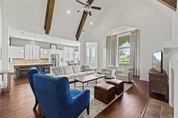 Interior, Kitchen, Living room, Pendant Lights, Recessed Lighting, Stainless Steel Appliances, Wooden Beams, Wood Texture Flooring