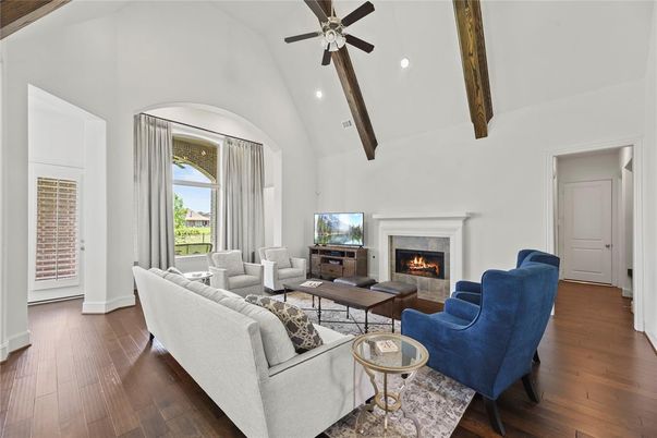 Fireplace, Interior, Living room, Recessed Lighting, Wooden Beams, Wood Texture Flooring