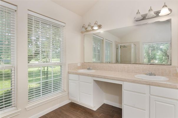 Bathroom, Dual Sink Vanities, Interior, Wood Texture Flooring