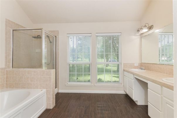 Bathroom, Glass Shower, Interior, Wood Texture Flooring