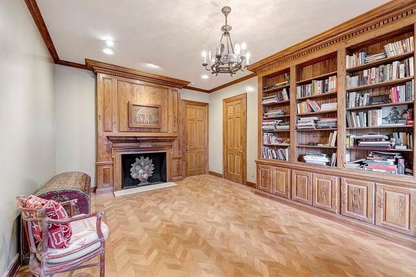 Chandelier, Fireplace, Interior, Recessed Lighting, Wood Texture Flooring, Wooden Walls