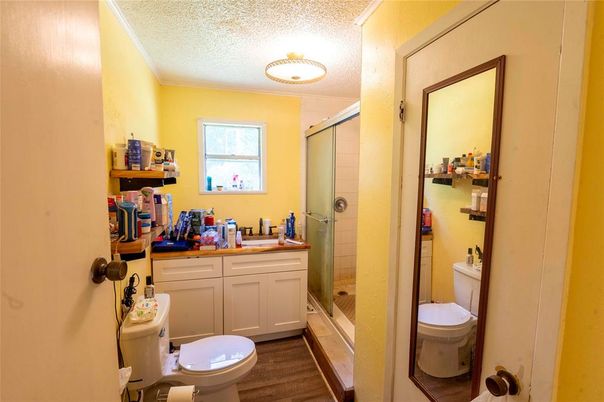 Bathroom, Glass Shower, Interior, Wood Texture Flooring