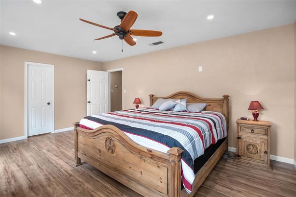 Bedroom, Interior, Recessed Lighting, Wood Texture Flooring