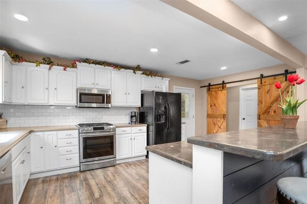 Interior, Kitchen, Recessed Lighting, Stainless Steel Appliances, Wood Texture Flooring