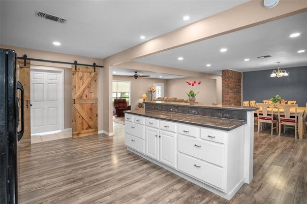 Dining room, Interior, Pendant Lights, Recessed Lighting, Wood Texture Flooring
