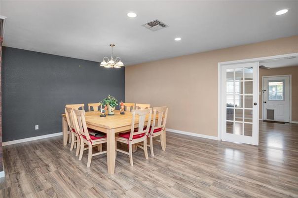 Dining room, Interior, Pendant Lights, Recessed Lighting, Wood Texture Flooring